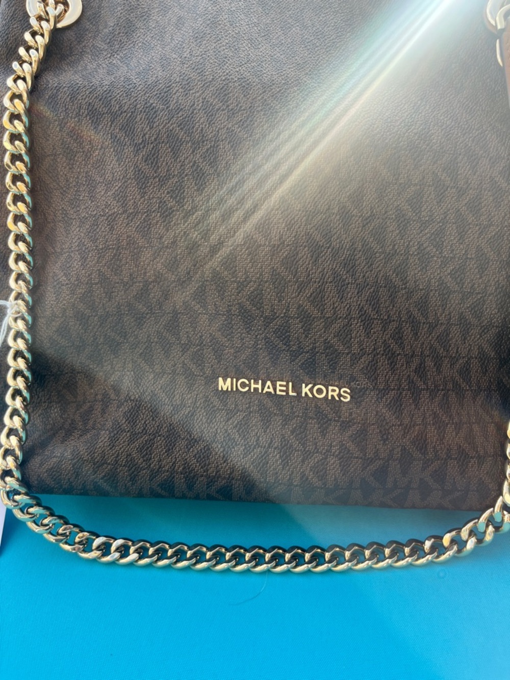 Michael Kors Brown MK Logo Chain Shoulder Bag with Gold Hardware